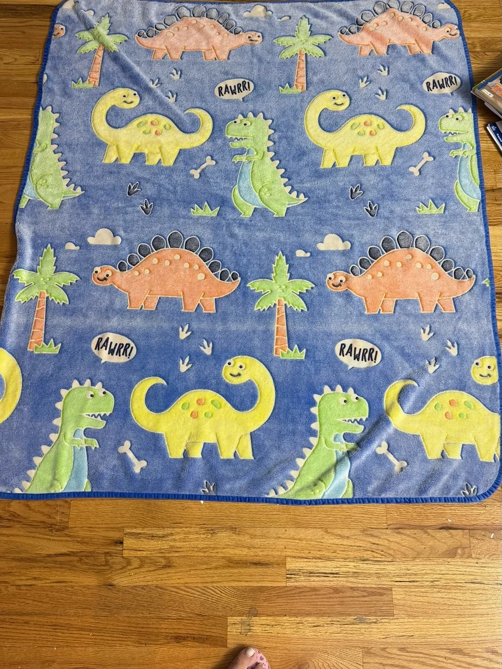 Cute Dino Baby Blanket -  Yellow, Green & Orange Dinosaurs GLOW IN THE DARK
